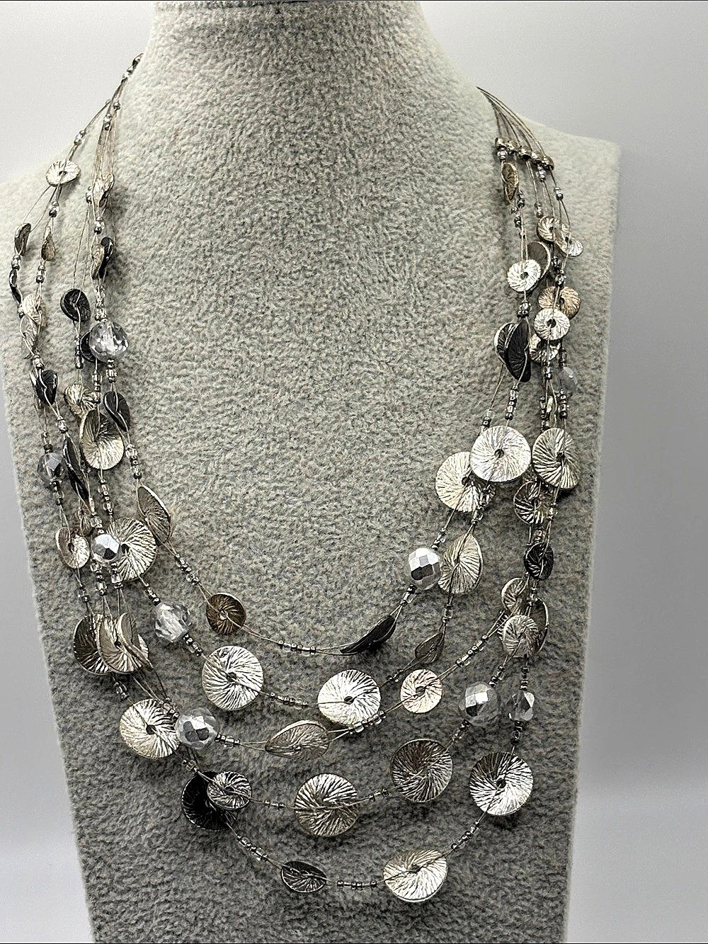 Chico’s Layered Disc Statement Necklace in Silver & Black Like New